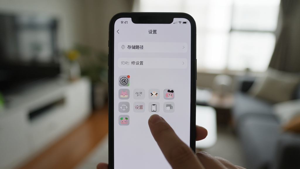 一张手机操作桃噗噗的实拍图,手指点击屏幕上“设置”图标,屏幕显示存储路径修改选项,背景是模糊的室内环境,主体是手机屏幕特写,布局居中,风格写实,细节清楚显示每一步操作,画质高清单反效果干净无多余元素