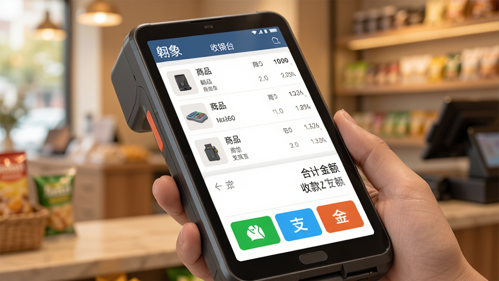 图片描述:翱象收银操作界面,主体为手持收银终端设备,屏幕显示翱象的收银台页面,有商品清单、合计金额、收款方式按钮(微信、支付宝、现金)。背景有模糊的实体店环境。布局为上下结构,上方是商品列表,下方是金额和操作按钮。风格真实感强,色调温暖,细节上收银按钮颜色醒目,画质清晰干净,无多余元素。