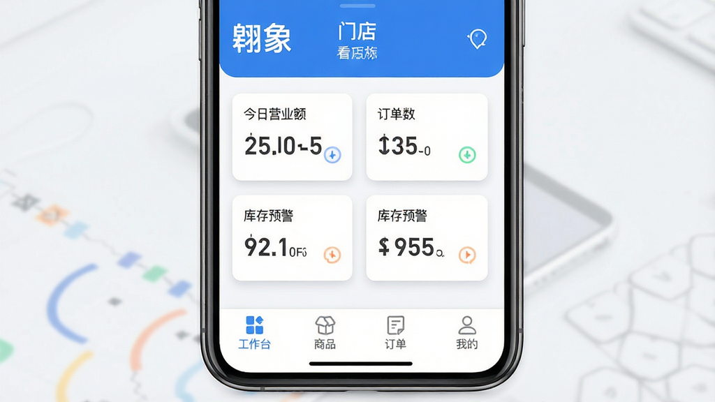 图片描述:翱象软件主界面展示,主体为一部智能手机屏幕特写,屏幕内显示翱象的首页看板,顶部有“翱象”字样和门店名称,中间是今日营业额、订单数、库存预警三大数据卡片,底部导航栏清晰标出“工作台”、“商品”、“订单”、“我的”。布局采用左右对称的卡片式设计,排版整洁有序,风格现代扁平化,主色调为蓝色和白色,细节上数据卡片带有圆角阴影,画质高清干净,无多余元素。