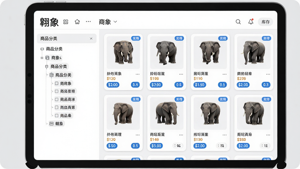 图片描述:翱象商品管理界面截图风格,主体为平板电脑横屏展示,屏幕内是翱象的商品列表页,左侧为商品分类树状图,右侧为商品卡片墙,每个卡片显示商品图片、名称、价格和库存数字。布局清晰,信息密度适中,风格简洁商务,背景为浅灰色,商品卡片为白色圆角矩形,有蓝色库存预警标签高亮,画质细腻干净,无多余元素。