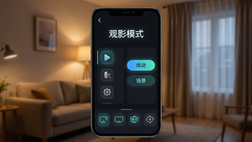 ���壺�������App�ĳ����༭���棬�ֻ�������ʾ���Ϸ��ǡ���Ӱģʽ���ĸ��֣��·����豸ͼ�����С����֣��ֻ�������У�������ģ���Ŀ���ʵ������һ��ůɫ�ƹ�����ϵĴ������Ű棺�������Ϊ�豸�б����Ҳ�Ϊ����������ť����������������ִ��Ƽ��У���ɫ������������ɫ�߹⡣ϸ�ڣ�ͼ�������͹�Ч�����ʸ��壬�ɾ��޶���Ԫ�ء�