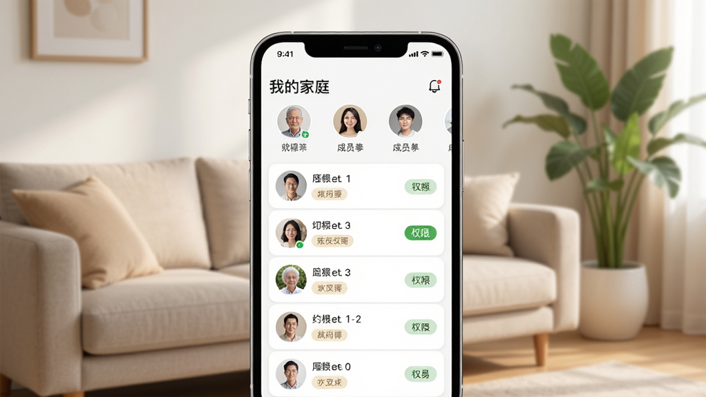 ���壺һ���ֻ�չʾ�������App�ļ�ͥ��Ա����ҳ�棬�Ϸ���ʾ���ҵļ�ͥ���ͳ�Աͷ�񡣲��֣��ֻ���Ļ���У������Ǽ�Լ�����ڻ�������ɳ������ֲ���Ű棺�����б�������ͷ���Ȩ�ޱ�ǩ�������롣�����ܰ��Ȼ��������͡�ϸ�ڣ������ϵĳ�Ա��Ϣ�������������ʸɾ���