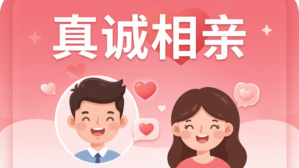一幅温暖明亮的手机应用主界面插画,顶部显示“真诚相亲”四个大字,下方有男女用户微笑的卡通头像和爱心图标,界面采用粉红色渐变背景,布局清晰,风格扁平现代,细节圆润,画质干净无多余元素