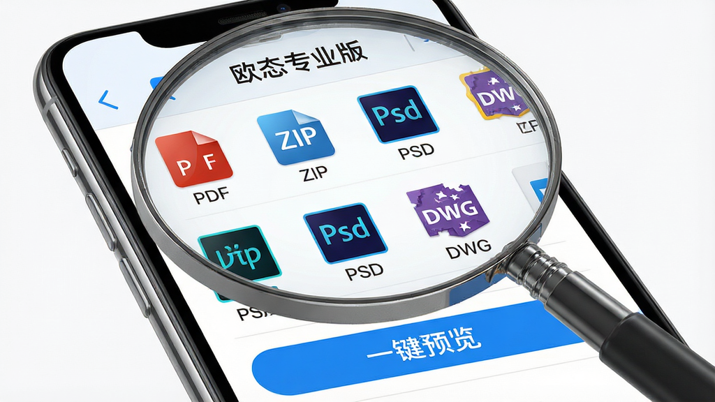 一张功能展示图,主体为手机屏幕放大显示“欧态专业版”的文件列表,列表包含多种不同图标格式如PDF、ZIP、PSD、DWG,屏幕下方有“一键预览”按钮,布局清晰,风格写实,细节高光,画质干净,无多余元素。