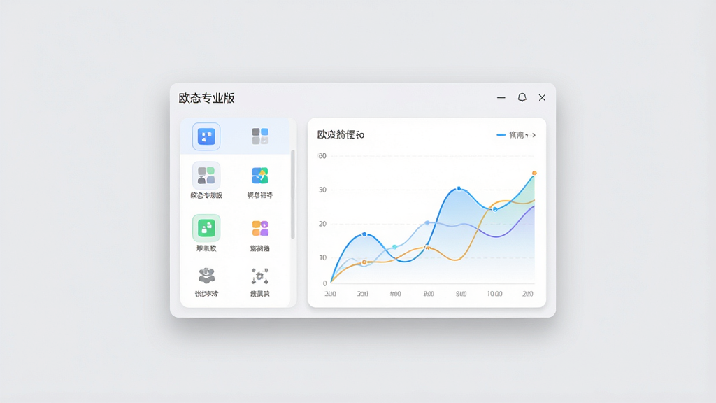 一张高清产品展示图,主体是“欧态专业版”软件界面悬浮在纯色浅灰背景中央,界面显示简洁的功能图标列表和流畅的线条图表,布局居中对称,排版清爽,风格现代扁平化,细节有微妙的阴影和圆角,画质干净,无多余元素。