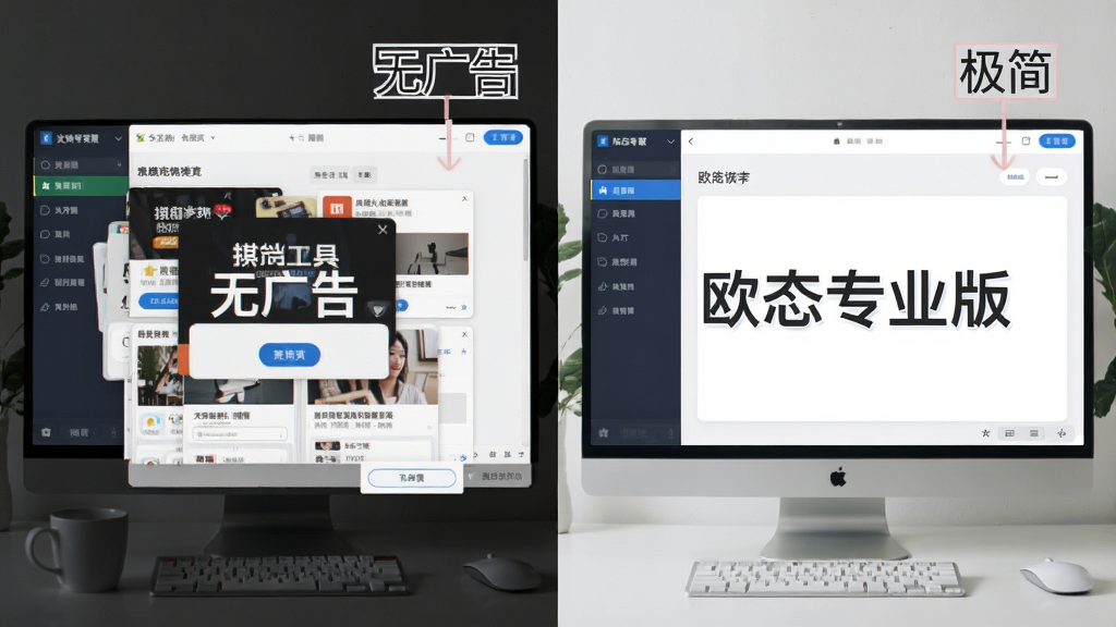 一张对比风格图片,左侧是杂乱带广告弹窗的其他工具类软件界面,右侧是“欧态专业版”干净简洁的主界面,主体突出右屏的清爽,布局左右对称,风格现代,细节标注“无广告”“极简”,画质干净,无多余元素。