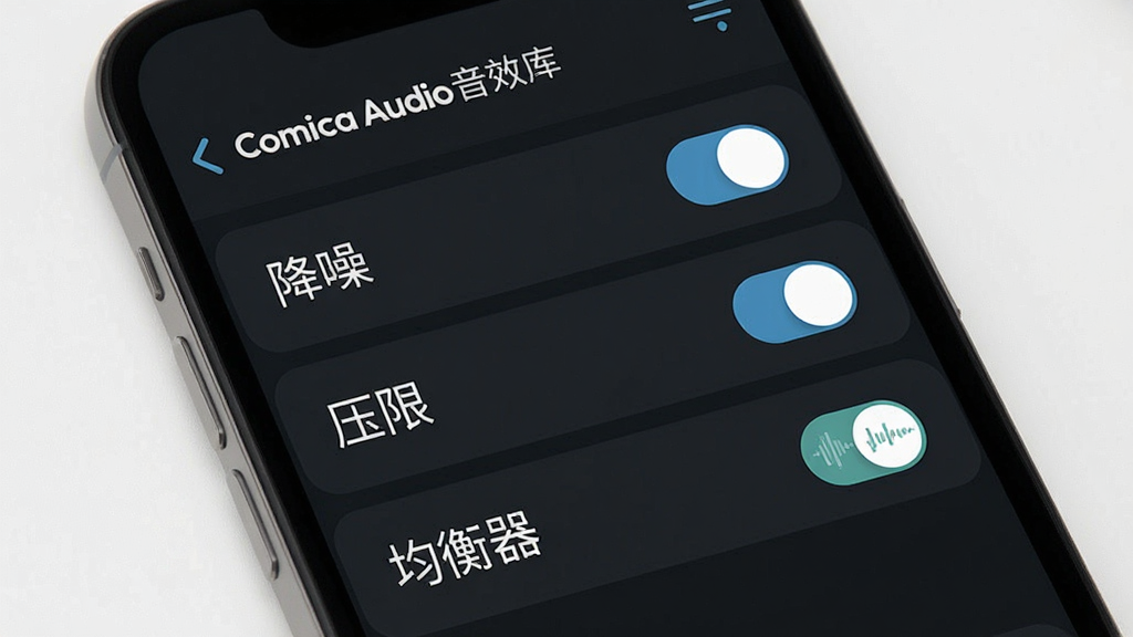 һ��չʾComica Audio��Ч���ͼƬ������Ϊ�ֻ����棬�����б���ʾ������Ч�����硰���롱����ѹ�ޡ���������������ÿ�����ƺ����п��ذ�ť����������������ִ���ϸ�ڸɾ������ʸɾ��޶���Ԫ��
