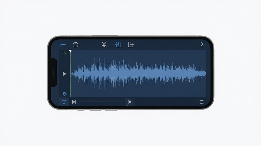 һ��չʾComica Audio����ȫò��ͼƬ������Ϊ�ֻ���Ļ���棬������ʾ��Ƶ���α༭ҳ�棬���ּ�࣬�Ϸ��е��롢������������ͼ�꣬����ִ���ƽ��������ɫΪ��ɫ����ϸ�����������ʸɾ��޶���Ԫ��