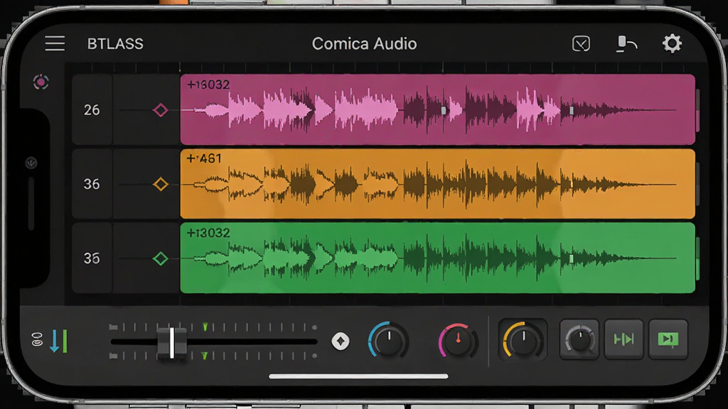 һ��չʾComica Audio�����������ͼƬ������Ϊ�ֻ��������棬��ʾ������ͬ��ɫ�����죬ÿ���������в��ο飬����ײ����������Ӻ�Ч����ť������רҵ����������࣬ϸ�ڷḻ�����ʸɾ��޶���Ԫ��