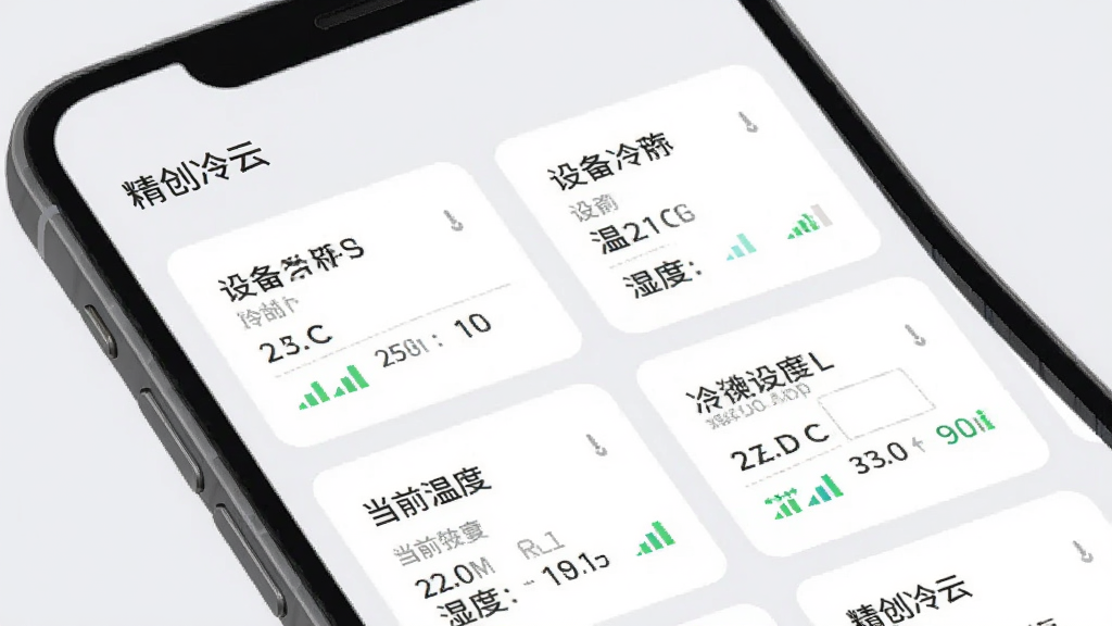 展示“精创冷云”App的设备列表界面,手机屏幕上显示多个冷链设备卡片,每个卡片标有设备名称、当前温度、湿度、信号强度,背景是浅灰色,界面简洁清晰,风格扁平化,画质干净,无多余文字