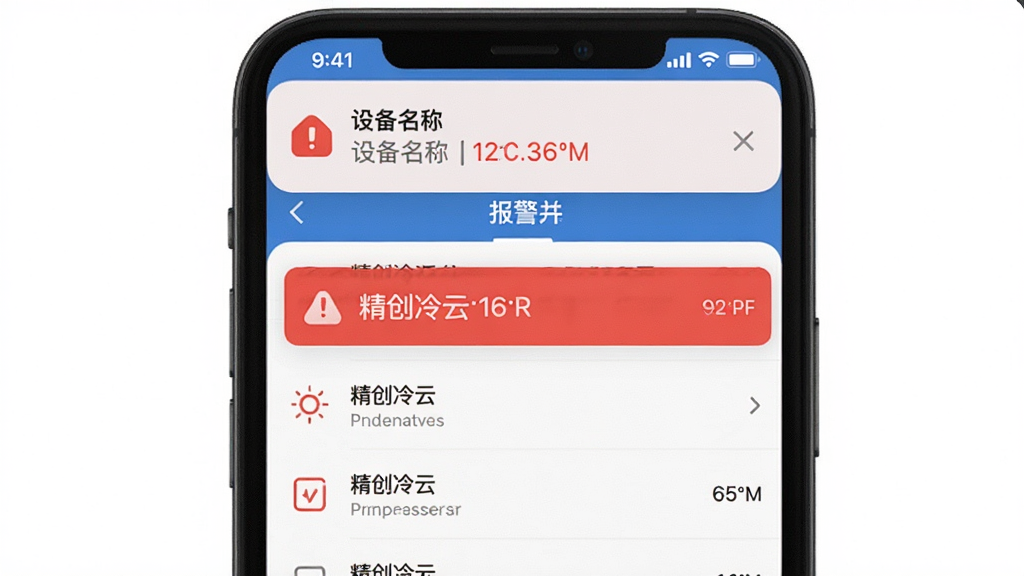 一张“精创冷云”报警通知的截图,手机顶部弹出报警横幅,显示设备名称和当前温度,背景是App报警记录页面,用红色突出报警状态,界面简洁,信息清晰,画质干净,风格写实