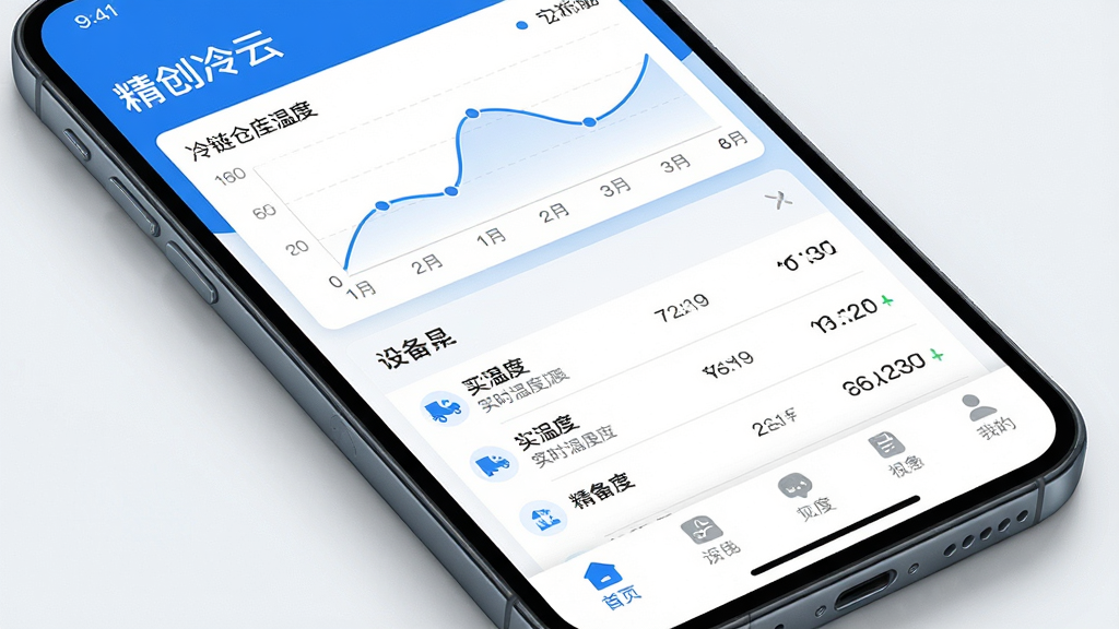 一张智能手机屏幕特写,屏幕中显示“精创冷云”App主界面,上方是冷链仓库温度曲线图,中间是设备列表和实时温度数据,底部有导航栏,整体风格现代简约,蓝白配色,界面干净无多余元素,画质高清,突出专业与科技感