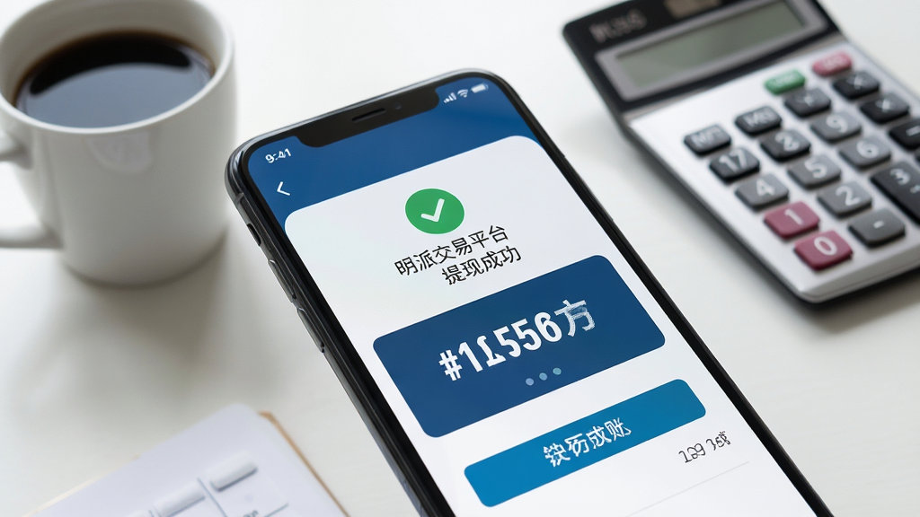 明派交易平台提现到账界面,手机屏幕上显示提现成功提示,银行账户到账金额醒目显示,背景是办公桌上一杯咖啡和计算器,主体突出,布局整洁,风格商务感,细节清晰,画质干净无多余元素。
