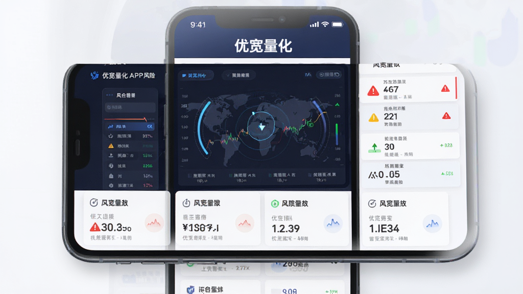 展示优宽量化APP风险监控界面的手机截图,屏幕中央显示风险仪表盘和各项监控数据卡片,顶部有“优宽量化”字样,整体布局清晰,排版有序,风格科技感,细节包括红色预警提示,画质高清干净。