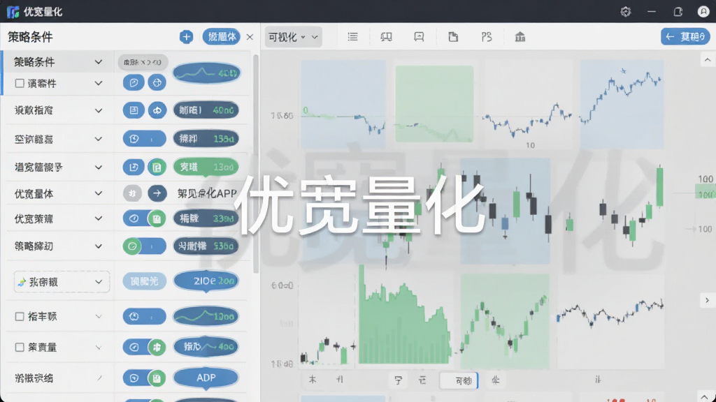 展示优宽量化APP策略编辑界面的截图,界面左侧是策略条件列表,右侧是可视化拖拽区域,中间有“优宽量化”水印,布局清晰,排版整洁,风格现代,细节包括各种指标选项按钮,画质干净无多余元素。