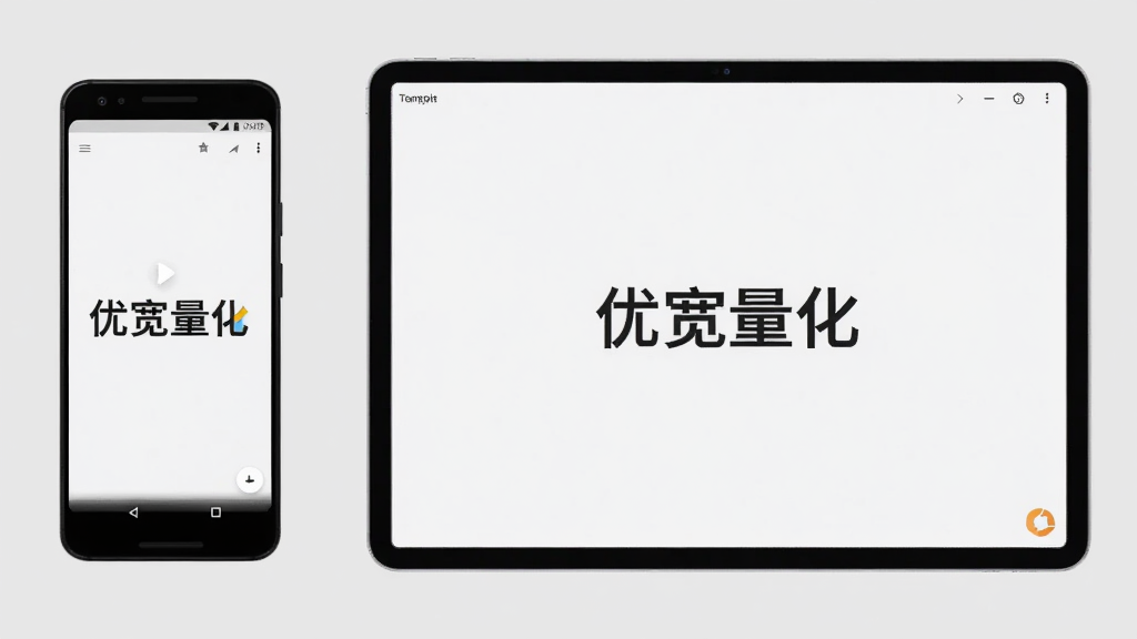 展示优宽量化APP在安卓手机和平板上的使用对比图,左侧是手机界面,右侧是平板横屏界面,背景统一为浅灰色,中间有“优宽量化”文字,布局清晰,排版规范,风格简洁,细节展示不同屏幕适配效果,画质干净无多余元素。