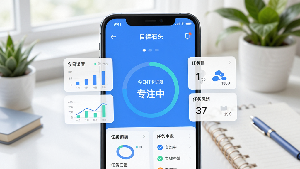 图片展示“自律石头”APP在手机屏幕上运行的主界面,界面中央显示今日打卡进度环和“专注中”字样,四周有统计图表和任务列表,背景为整洁的书桌和绿植,画面明亮,风格扁平现代,配色以蓝白为主,画质干净无多余元素