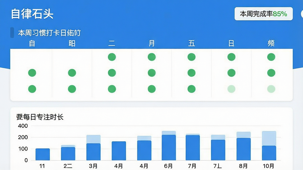 一张数据统计界面截图,标题为“自律石头”,显示本周习惯打卡日历,每天有绿色圆点标记,下方是柱状图展示每日专注时长,右上角有“本周完成率85%”标签,整体风格清新简约,蓝白配色,画质干净无多余元素