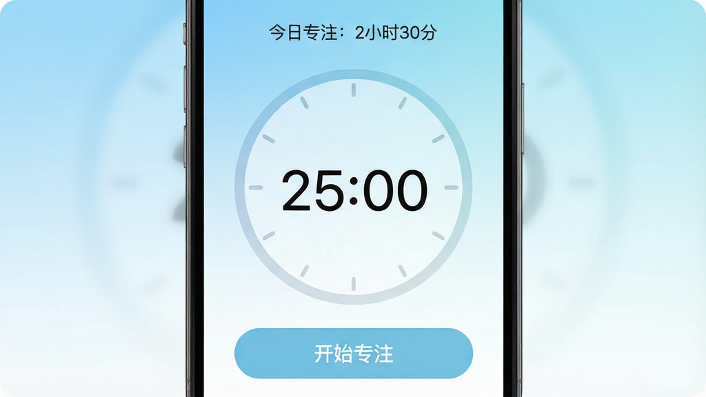 一张手机截图风格的图片,显示“自律石头”番茄钟计时界面,中央是一个大大的圆形计时器,数字显示“25:00”,下方有“开始专注”按钮,背景是渐变的浅蓝色到白色,顶部有“今日专注:2小时30分”小字,整体UI简洁圆润,风格现代,画质干净无多余元素
