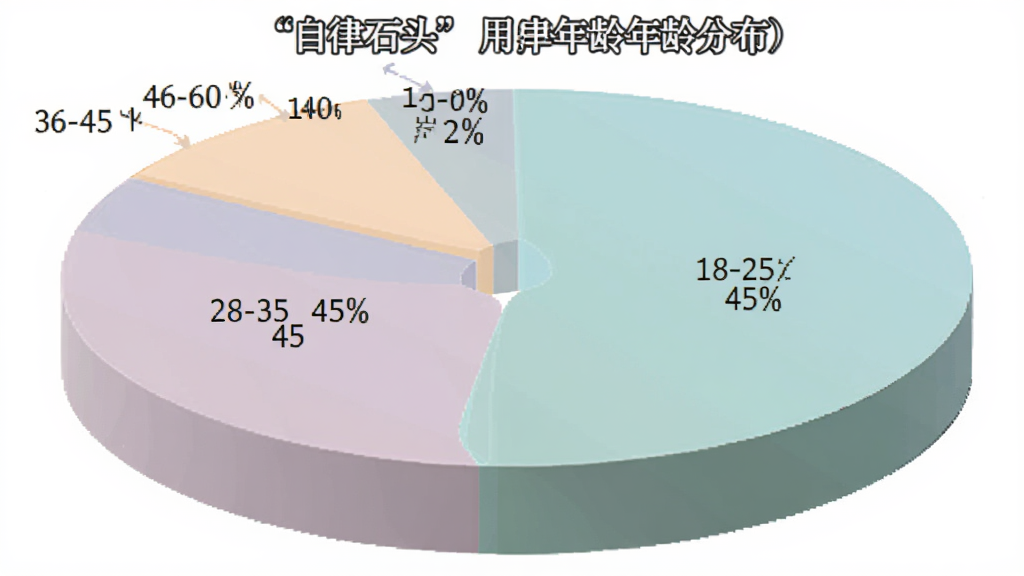 饼状图展示“自律石头”用户年龄分布:18-25岁占45%,26-35岁占30%,36-45岁占15%,46-60岁占10%,图表配色柔和,标注清晰,白色背景,画质干净无多余元素