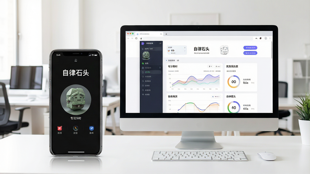 一张手机和电脑并排摆放的场景图,手机屏幕显示“自律石头”专注计时界面,电脑屏幕显示同款应用的网页版数据看板,背景是明亮的办公室,风格写实,布局整洁,画质干净无多余元素