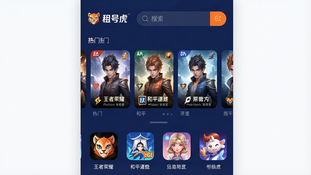 一张展示“租号虎”APP主界面的高清截图,界面以深蓝色和橙色为主色调,顶部显示“租号虎”品牌Logo和搜索栏,中间是热门游戏封面轮播图,下方排列着王者荣耀、和平精英、原神等游戏图标,整体布局清晰,风格现代扁平,画质干净无多余元素。