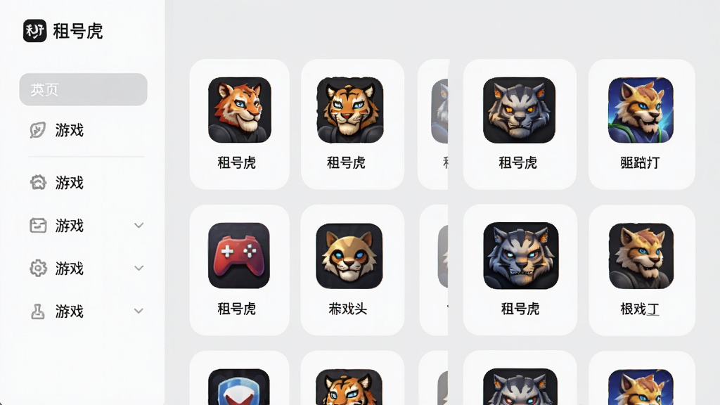 一张展示“租号虎”游戏列表页面的界面设计图,左侧为游戏分类侧边栏,右侧以卡片形式展示游戏图标和名称,背景为浅灰色,卡片圆角设计,整体排列整齐,风格简洁,画质干净无多余元素。