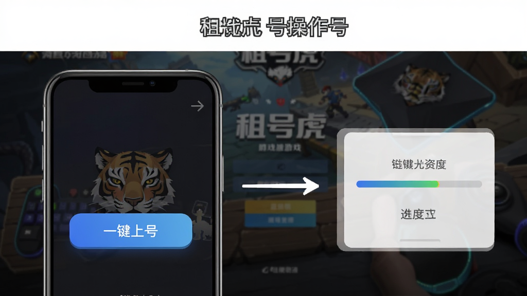 一张展示“租号虎”一键上号功能的操作流程图,图中显示手机屏幕上有“一键上号”按钮,点击后弹出进度条,背景为游戏登录界面,画面简洁,突出按钮,风格写实,画质干净。