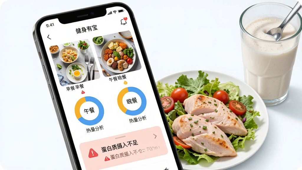 һ��չʾ�����б�App��ʳ�򿨹��ܵĲ�ͼ���������ֻ���Ļ��ʾ������ʳ��¼��������͡���͡����͵���Ƭ�����͵���������Բ��ͼ���·��С����������벻�㡱����ʾ��Ƭ���ֻ��Է��ż�����ɳ����һ�����׷ۣ��������������£�ϸ��дʵ�����ʸɾ��޶���Ԫ��