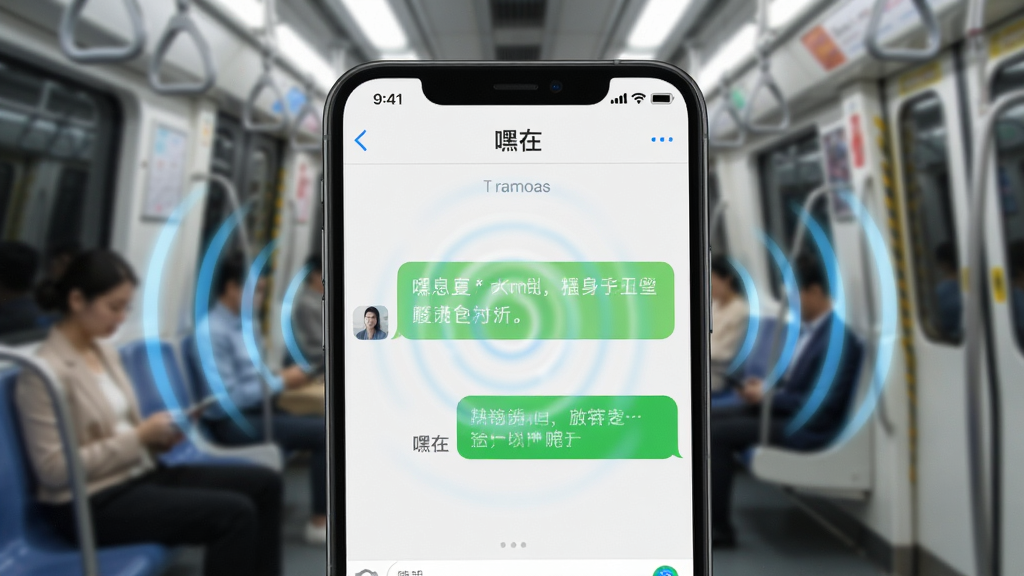一个动态效果图,手机屏幕上“嘿在”聊天界面中,一条消息从发送到接收的过程被捕捉,信号波纹在界面周围扩散,背景是模糊的办公室或地铁车厢,画面风格写实,高清晰,强调消息传输的快速和稳定,画质干净