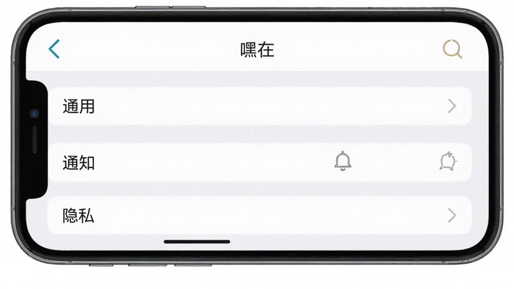 一张手机横屏截图,屏幕上是“嘿在”应用的设置页面,页面显示“通用”、“通知”、“隐私”等选项,背景是浅灰白色,界面整洁,风格扁平,画质干净清晰,无多余元素