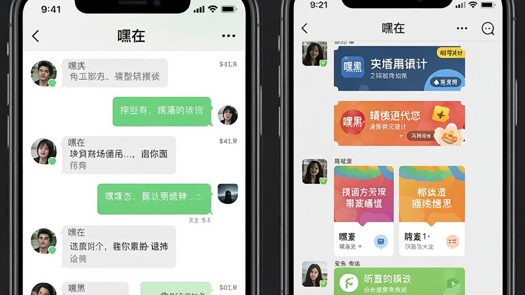 一张对比图,左边是“嘿在”的聊天列表界面,背景纯净无广告,只有几个好友的对话气泡;右边是其他聊天软件,界面上布满了广告横幅和推广卡片。整体风格写实,画质清晰,突出“嘿在”的简洁无广告,画质干净无多余元素