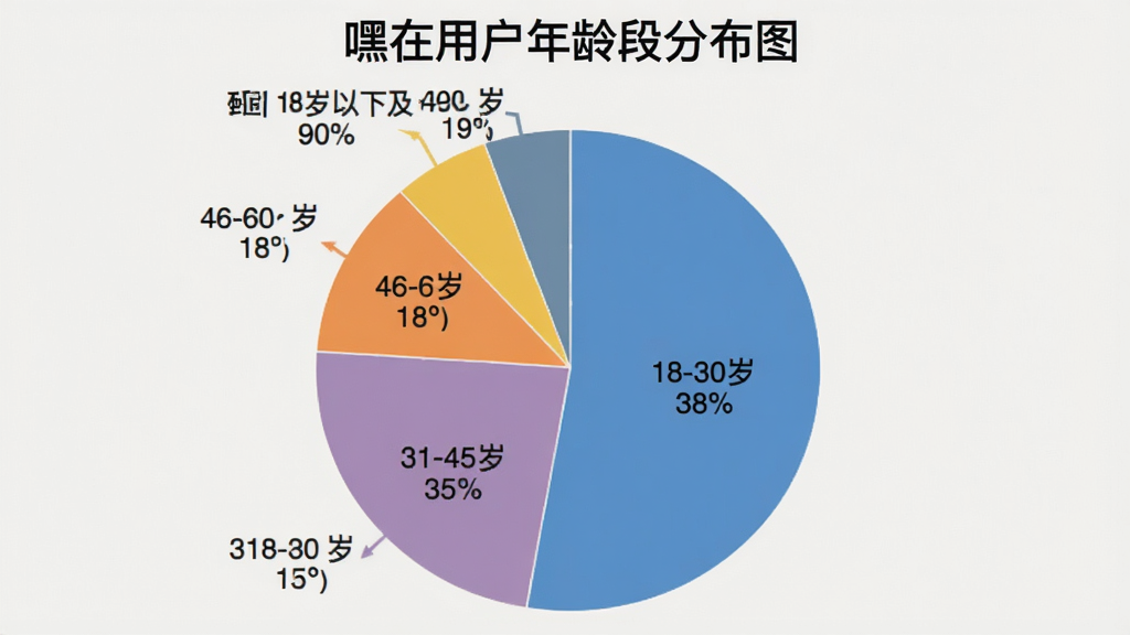 一张饼状图,标题为“嘿在用户年龄段分布图”,图中分为几个扇区,最大的是18-30岁占38%,其次为31-45岁占35%,46-60岁占18%,18岁以下及60岁以上占9%。图表背景为浅色,配色清晰,风格简洁,数据标注明确,画质干净