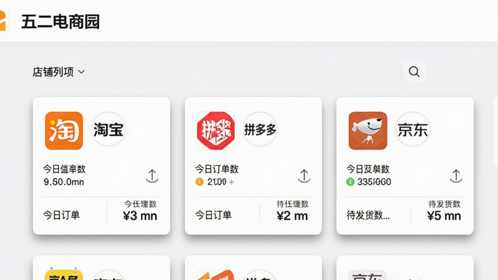 一张展示“五二电商园”多店铺管理功能的界面截图,主体是店铺列表页面,并列显示淘宝、拼多多、京东三个店铺卡片,每个卡片上有店铺头像、今日订单数和待发货数量,背景是浅灰色,卡片有阴影效果,整体排版整齐,风格简洁商务,画质干净,无多余元素