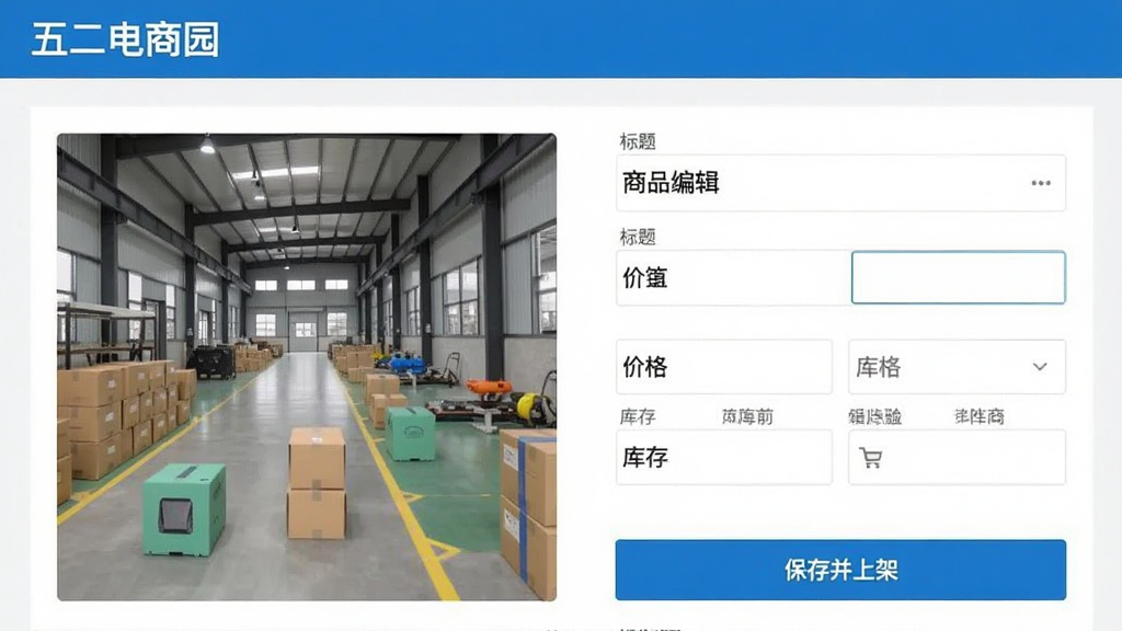 一张展示“五二电商园”商品管理功能的界面截图,主体是商品编辑页面,左侧是商品主图预览,右侧是标题、价格、库存输入框,底部有“保存并上架”按钮,整体风格简洁,颜色以蓝白为主,排版清晰,画质干净,无多余元素