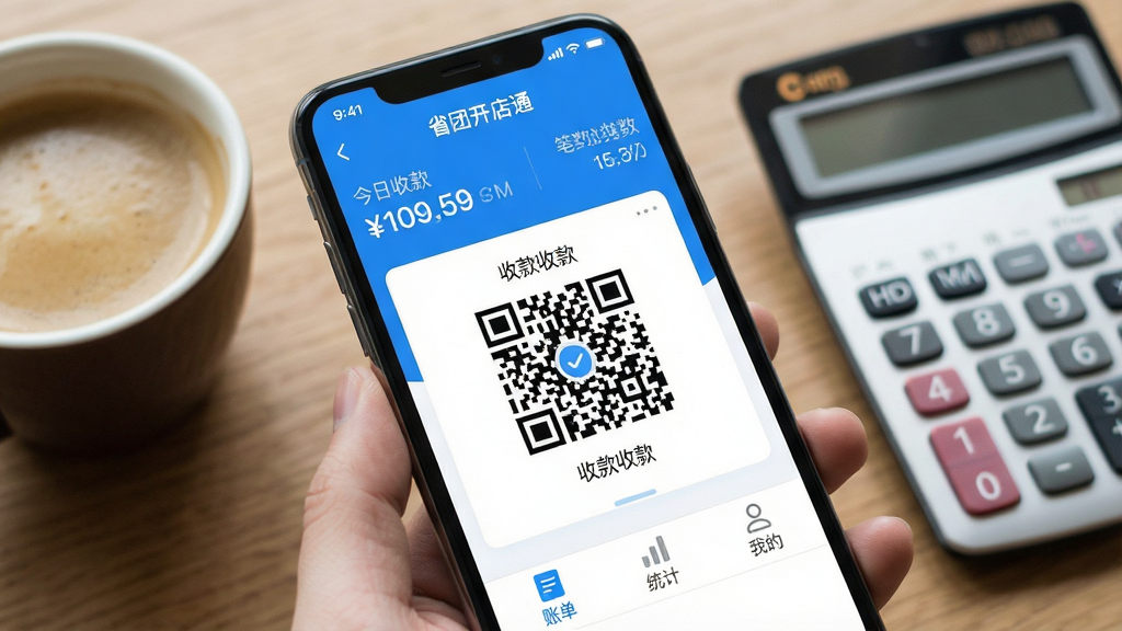 一张手机屏幕特写,屏幕中清晰显示“省团开店通”App主界面,界面以蓝白为主色调,顶部显示“今日收款”金额和笔数,中间是醒目的收款二维码,底部有“账单”、“统计”、“我的”三个功能选项卡,整体风格现代扁平,画质干净,无多余元素,突出软件的简洁与专业感,手机旁放着一杯咖啡和计算器,营造轻松开店氛围