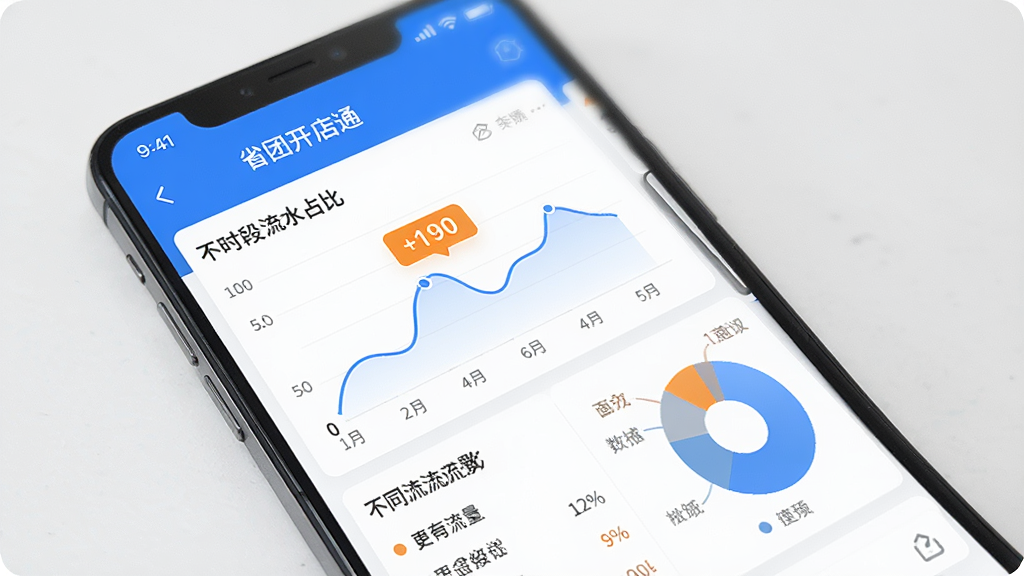 一张手机界面,屏幕显示“省团开店通”的数据统计报表,包含折线图与饼图,展示不同时段的流水占比,界面色彩以蓝白为主,辅以橙色高亮数据,整体设计现代,数据清晰易读,画质干净,无多余元素
