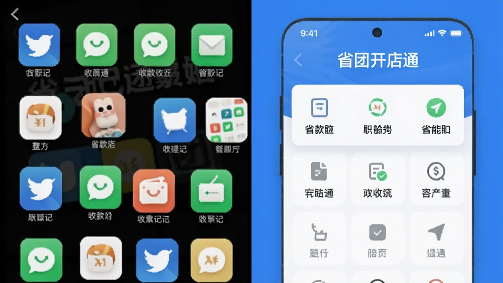 一张手机分屏对比图,左侧是杂乱的多个收款记账App图标,右侧是“省团开店通”清晰的功能聚合界面,画面以“省团开店通”为主体,布局整洁,风格简洁,突出“一站式”整合优势,画质干净,无多余元素