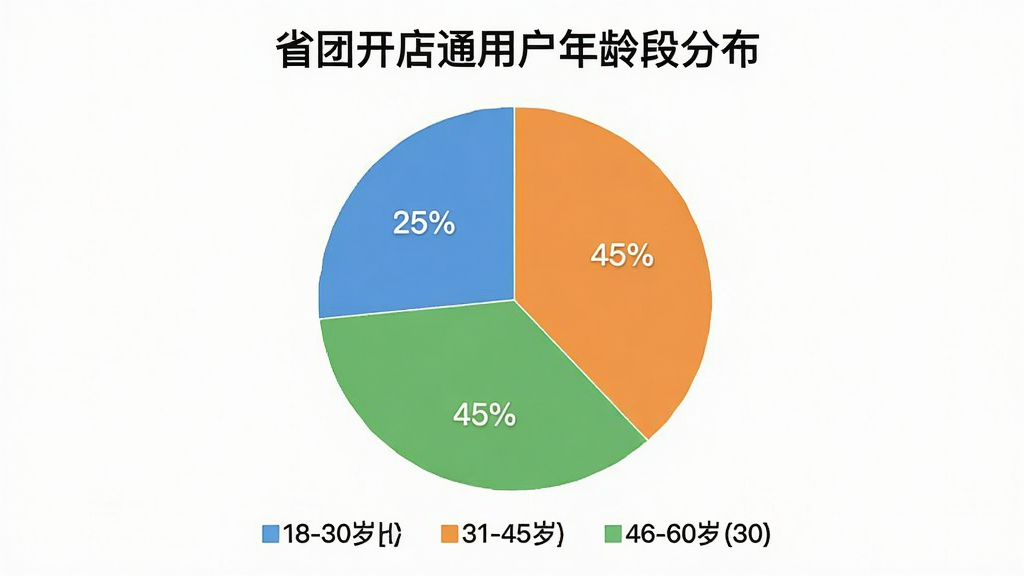 一张饼状图,标题为“省团开店通用户年龄段分布”,图中显示18-30岁占25%,31-45岁占45%,46-60岁占30%,配色清晰,使用蓝、橙、绿三种颜色区分,图表下方有图例,整体风格简洁现代,画质干净,无多余元素