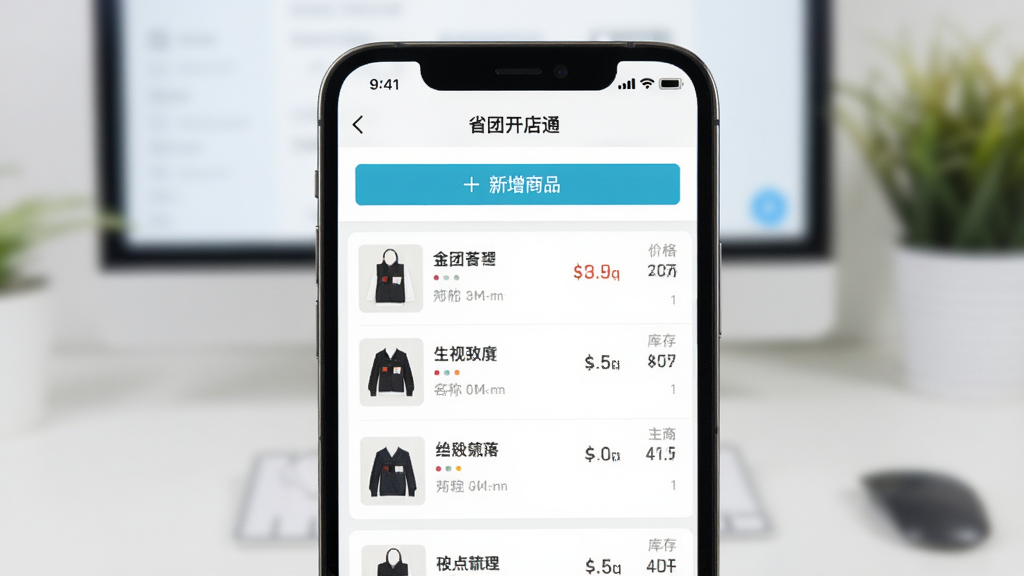 一张手机操作界面,屏幕中显示“省团开店通”的商品管理页面,列表中有商品缩略图、名称、价格和库存数字,上方有“新增商品”按钮,背景虚化,突出商品信息,风格干净明亮,画质清晰,无多余元素