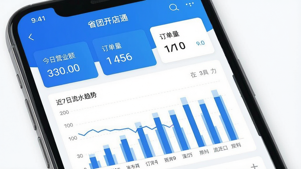 一张手机界面截图,屏幕显示“省团开店通”的账单统计页面,以蓝色和白色为主色调,顶部有“今日营业额”、“订单量”等数字卡片,下方是柱状图表,展示近7日流水趋势,界面清晰易读,风格简洁现代,画质干净,无多余元素