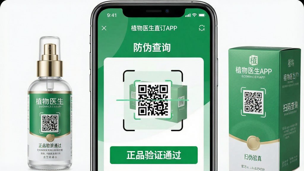 һ����Ʒ��������ʾ��ͼ������Ϊһ�������ֻ���Ļ����Ļ��չʾ��ֲ��ҽ��ֱ��APP����ɨ������ҳ�棬ҳ�涥���С���α��ѯ�����⣬�м���һ��ɨ����׼��Ʒ��װ�ϵĶ�ά�룬�·���ʾ����Ʒ��֤ͨ��������ɫ���������ּ�����������дʵ���ִ�����ϸ�ڰ�����Ʒƿ���Ͱ�װ�У�����ɾ��޶���Ԫ�أ�����ɫ������ɫ�Ͱ�ɫΪ����ͻ���ٷ���Ʒ���ϵ�����