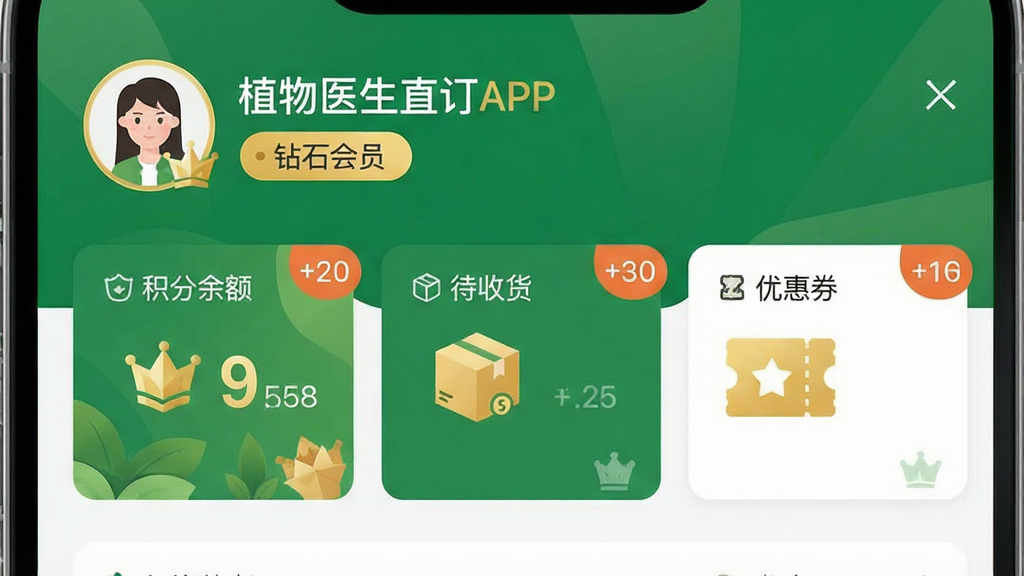 һ���ֻ������ͼ���ͼƬ������Ϊ��ֲ��ҽ��ֱ��APP���Ļ�Ա����ҳ�棬ҳ�涥����ʾ�û�ͷ��͡���ʯ��Ա����ǩ���·��Կ�Ƭ��ʽ���С��������������ջ��������Ż�ȯ����ģ�飬ÿ����Ƭͼ�������������ֽǱ꣬�����������ۣ�����ƽ������ɫ��Ϊ��ɫ�ͽ�ɫ�����������ɾ����޶���Ԫ�أ�ͻ����ԱȨ��ͻ��ֶһ��ķḻ��