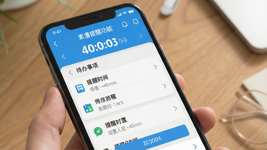 素漕提醒功能展示,手机界面显示待办事项列表和提醒时间设置,界面简洁,时间字体醒目,风格现代,画质干净