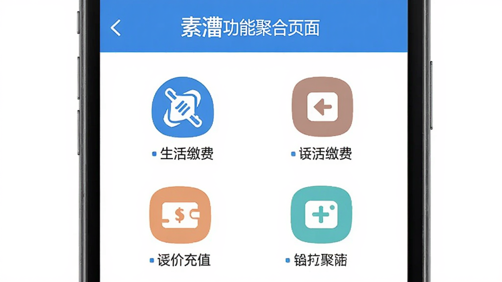 素漕功能聚合页面,包含生活缴费、话费充值等图标,手机界面,蓝白配色,扁平化设计,画质干净