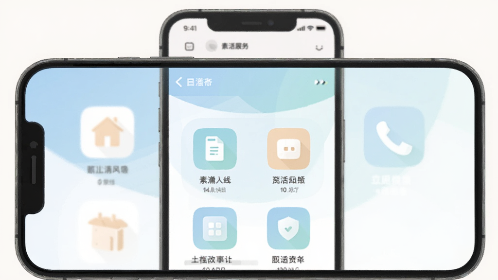 素漕APP整体界面展示,手机屏幕显示简洁的生活服务功能图标,色调柔和,风格扁平,画质干净无多余元素