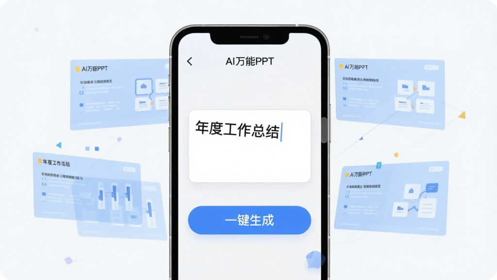 ͼƬ������һ���������С�AI����PPT��Ӧ�õ������ֻ����ֻ���Ļ����ʾһ���������������д�š���ȹ����ܽᡱ���·���һ����Ŀ�ġ�һ�����ɡ���ť���ֻ���Χ�����ż��Ű�͸���ĵ���ɫ�õ�Ƭ����ͼ����ʾ���ɹ��̡����岼������������ִ���ƽ�����ʸɾ����޶���Ԫ�ء�