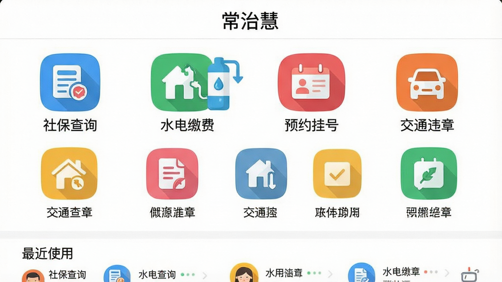һ���ֻ�Ӧ�ù����б���ͼ������Ϊ�����λۡ���չʾ�Ź���ͼ�겼�֣��������籣��ѯ������ˮ��ɷѡ�����ԤԼ�Һš�������ͨΥ�¡��Ȳ�ɫͼ�꣬�·��С����ʹ�á���¼������������������ƽ����ƣ����ʸɾ����޶���Ԫ��