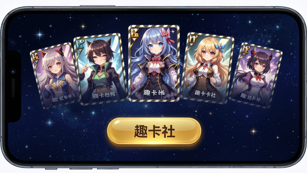趣卡社抽卡机主界面展示,手机屏幕中央是一个金色抽卡按钮,上方展示各种精美动漫风格卡牌,背景呈深蓝色星空质感,风格时尚炫酷,整体布局简洁明快,画质高清干净,无多余元素