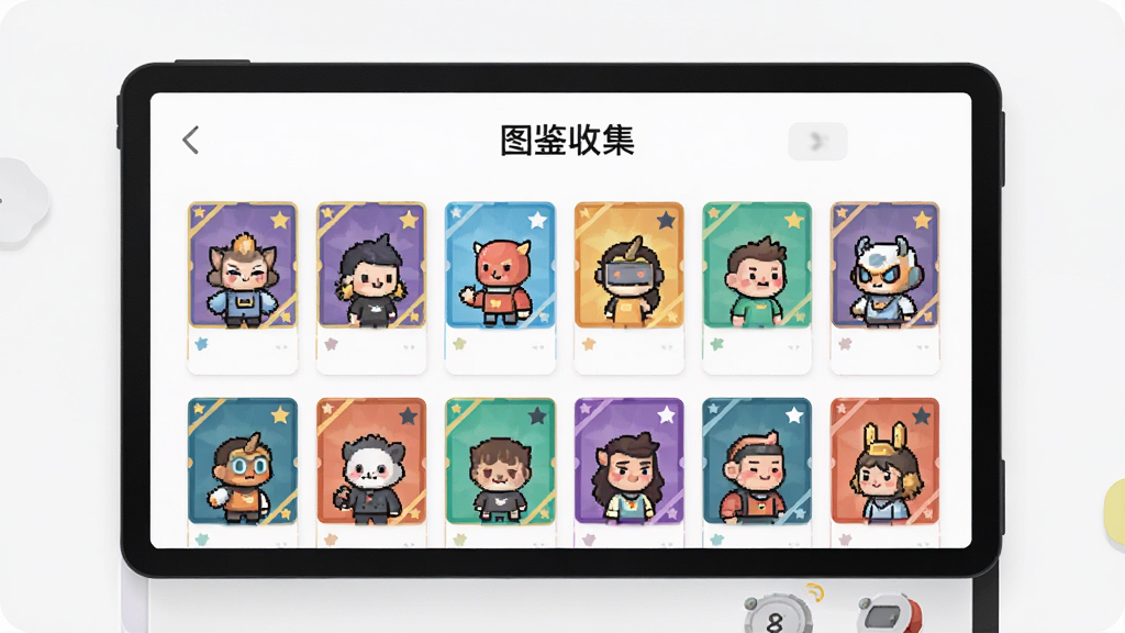 趣卡社抽卡机卡牌收藏界面,屏幕显示网格状卡牌图鉴,卡片色彩各异风格多样,顶部有“图鉴收集”字样,界面设计扁平现代,画质清晰干净,无多余元素